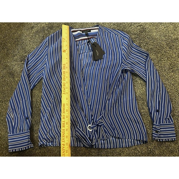 Rag & Bone Felix Top L Womens Blue Stripe Wrap Popover Long Sleeves‎ Silk - Picture 2 of 8